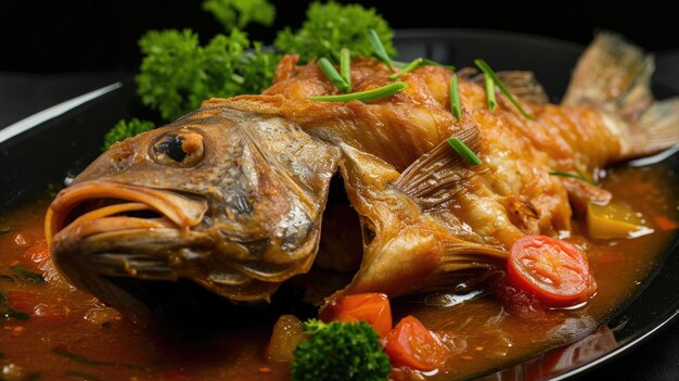 Poisson braisé sur un fond noir massif