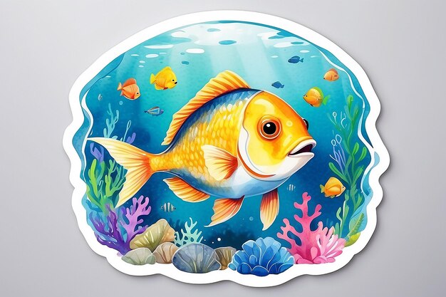 Photo poisson chirurgien dessin animé amusant kawaii clipart aquarelle colorée illustration d'autocollant d'animal de mer