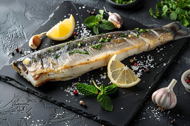 un poisson avec des citrons et des citrons verts sur une table noire