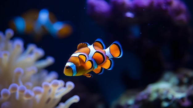 Un poisson-clown bleu et blanc nage dans un réservoir.