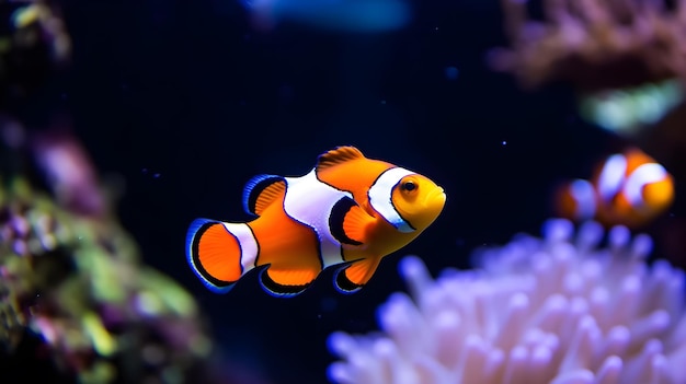 Un poisson clown dans un réservoir avec un fond rose