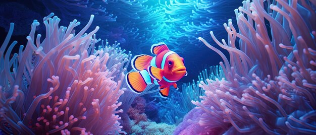 Photo un poisson-clown nage dans un aquarium avec un poisson clown orange