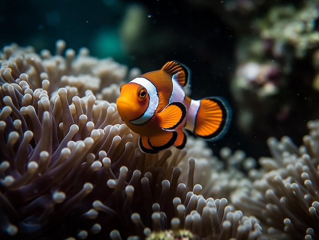 Un poisson clown nage dans l'eau.