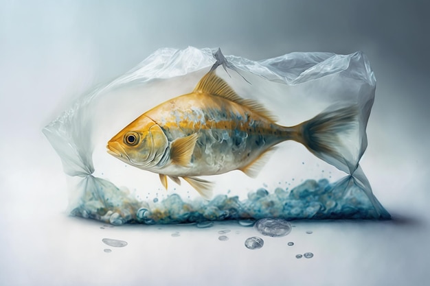 poisson coincé dans un sac en plastique, sauver le concept de l'océan, poisson coincé dans les déchets marins