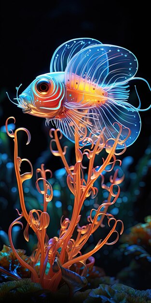un poisson coloré est dans un aquarium avec un corps orange et bleu