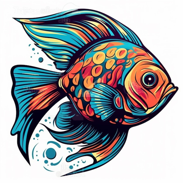 Un poisson coloré avec un fond bleu et le mot or dessus.