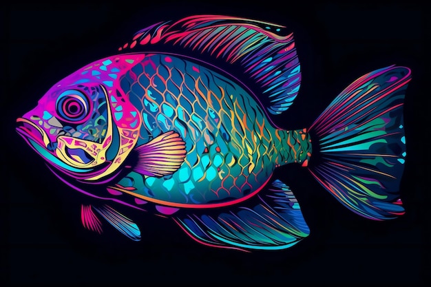 Poisson coloré sur fond noir Illustration dessinée à la main