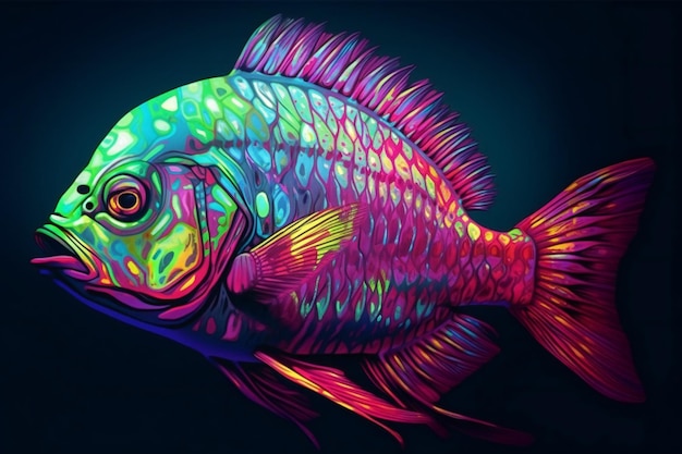 Poisson coloré sur fond sombre Illustration dessinée à la main