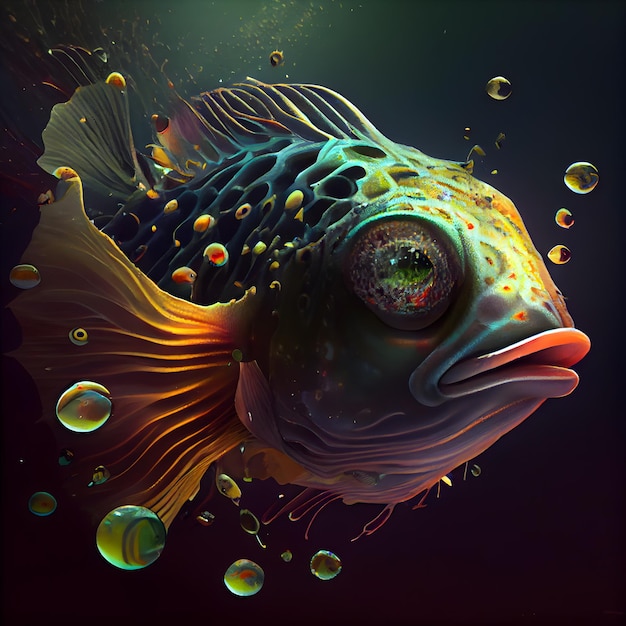 Poisson coloré sur fond sombre rendu 3D Illustration