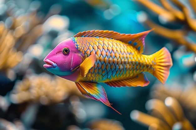 un poisson coloré nage dans un aquarium avec un poisson rayé rose et bleu