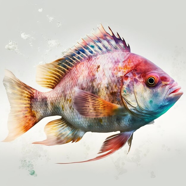 Photo un poisson coloré avec un œil rouge est représenté.