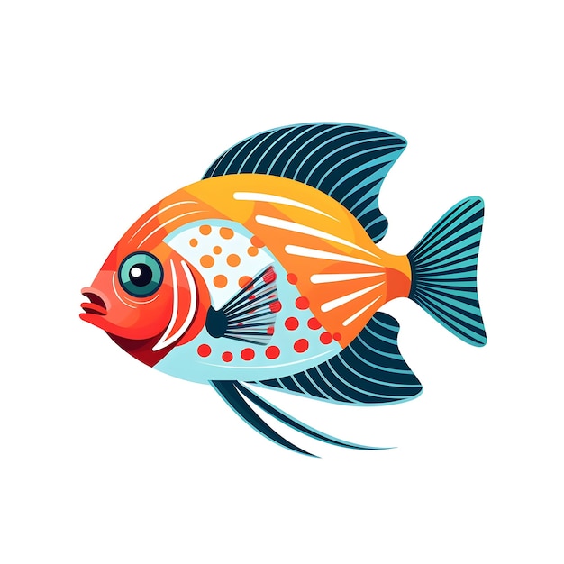 Un poisson coloré avec une queue bleue et orange et des taches blanches.