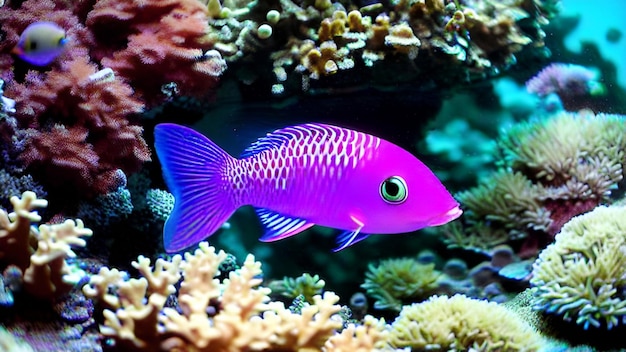 un poisson coloré avec une queue violette est assis dans un aquarium.