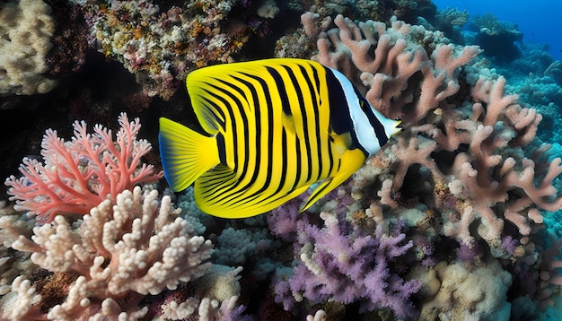 Photo un poisson coloré avec des rayures noires et des rayures est entouré de coraux