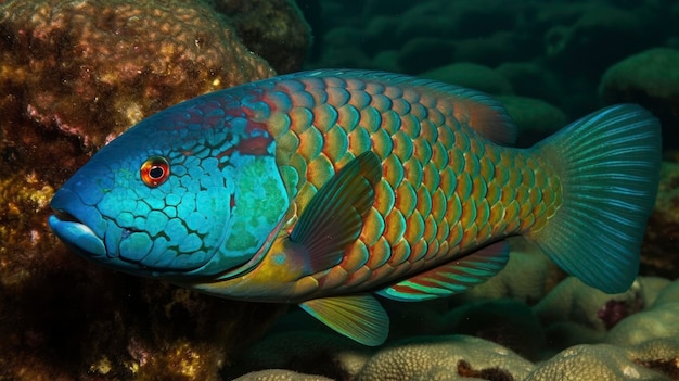 Un poisson coloré avec une tête rouge et des yeux bleus nage dans l'océan.