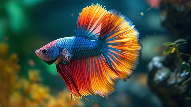 Photo le poisson de combat siaméen multicolore à queue rose et à moitié lune, le poisson de lutte betta splendenson, arrière-plan de la nature