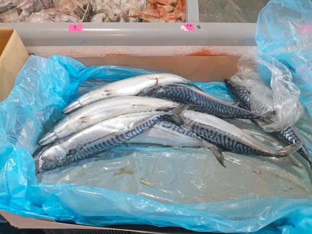 Photo le poisson congelé est dans une boîte dans un supermarché.