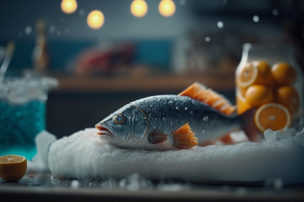 Poisson congelé sur une illustration de magasin de comptoir de glace froide AI générative