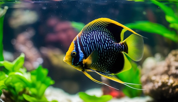 un poisson avec un corps jaune et noir est dans un aquarium