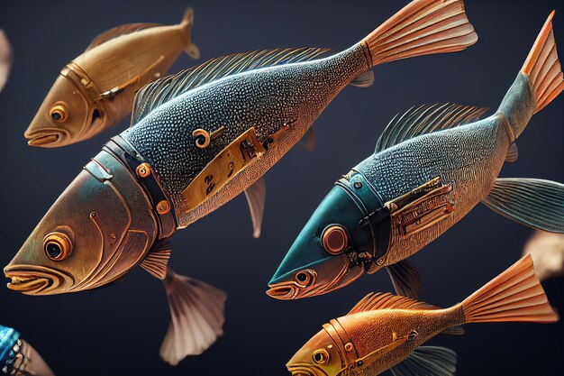 Poisson avec un corps en métal dans un style steampunk