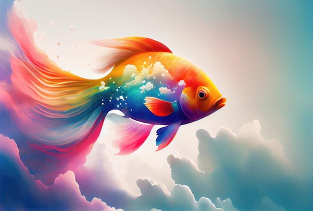 Poisson de couleur arc-en-ciel nageant dans le ciel avec fond nuageux Generative AI