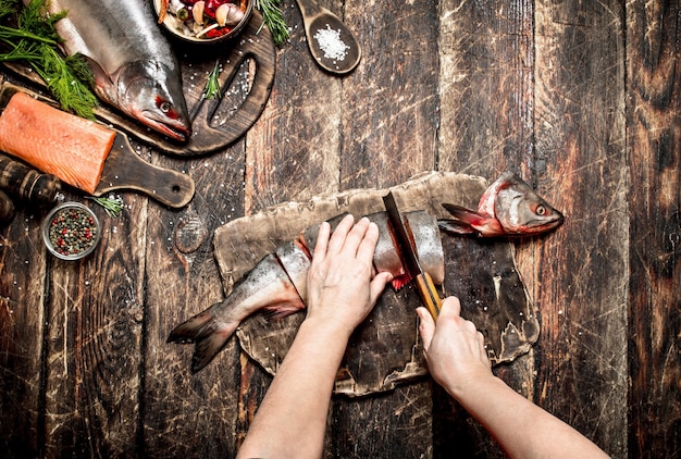 Le poisson cru Couper les mains des femmes de saumon frais sur la vieille table en bois