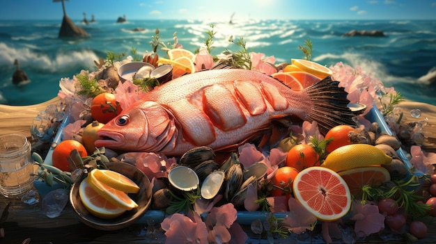 Poisson cru avec des légumes le plus incroyable fond de papier peint HD 8K Image photographique de stock