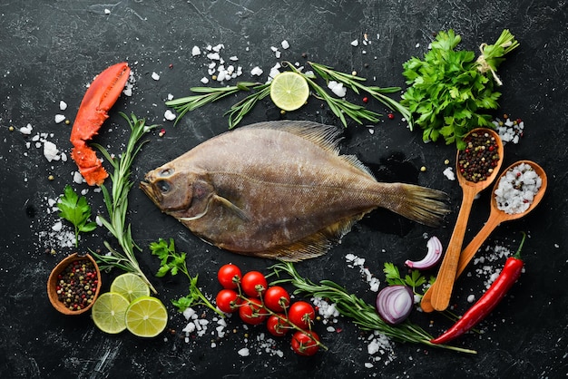 Poisson cru de plie aux épices. Fruits de mer sur fond de pierre noire. Vue de dessus. Espace de copie gratuit.