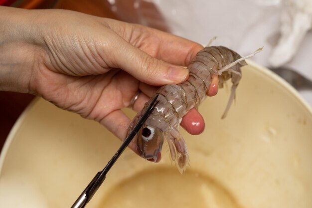 Poisson crustacé préparé aux ciseaux