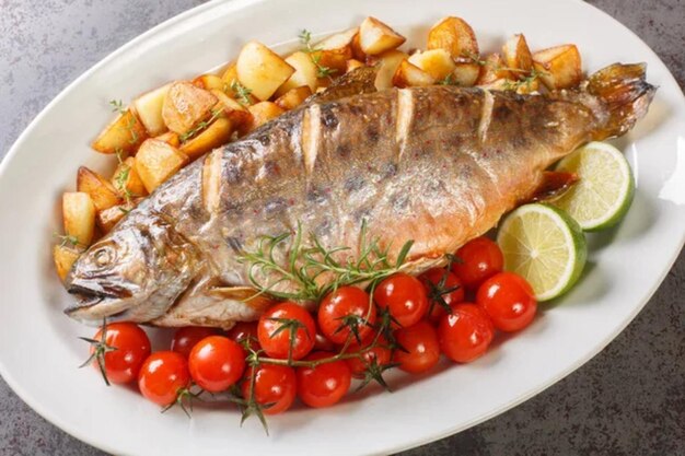 Poisson cuit au four arctique avec des légumes et des herbes en gros plan sur le plat blanc sur la table