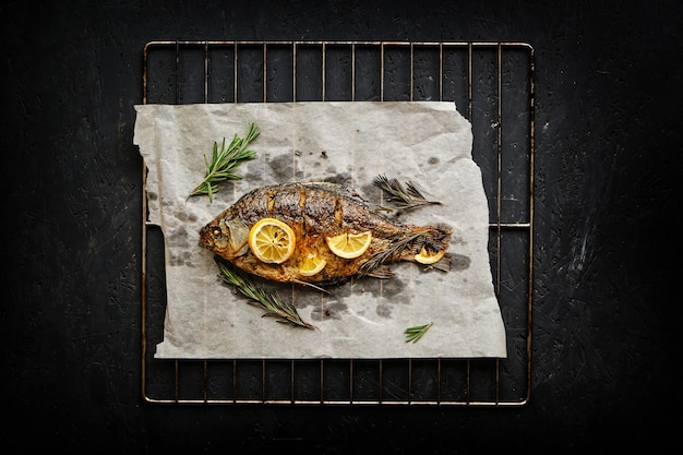 Poisson cuit au four cuit sur du papier sulfurisé avec des épices citron et romarin Barbecue grill sur fond sombre