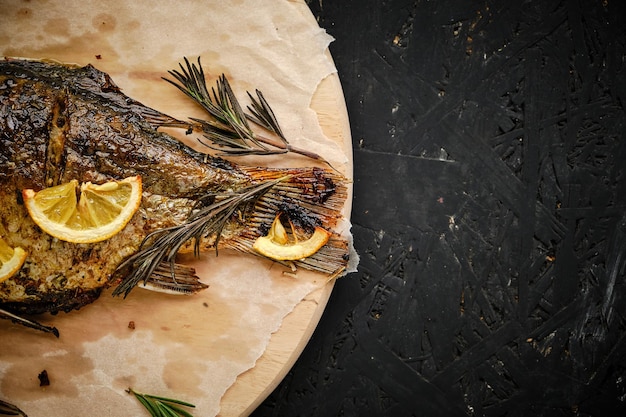 Poisson cuit au four avec du citron et du romarin disposé sur une planche à découper et du papier sulfurisé sur fond sombre