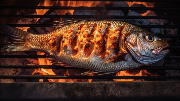 Poisson cuit au four sur le gril avec le feu Vue du haut vers le bas