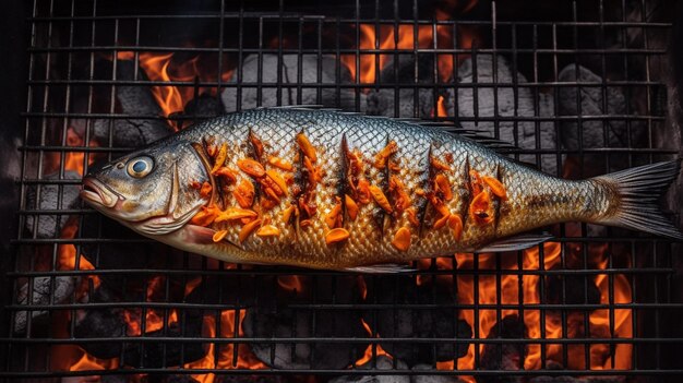 Poisson cuit au four sur le gril avec le feu Vue du haut vers le bas