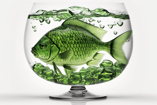 Un poisson dans un bol en verre avec du poisson vert à l'intérieur.