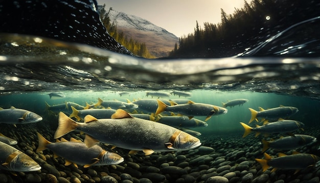 Poisson dans l'eau avec une ai générative de fond de montagne