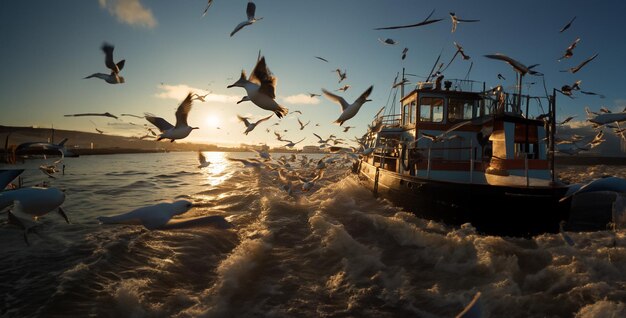Photo poisson dans l'eau pélican en vol de nombreux canards volant par le bateau dans le style exact