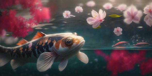 Un poisson dans un étang avec des fleurs au fond