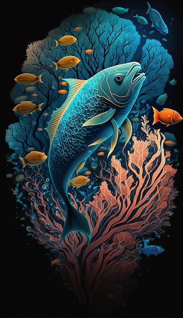 Poisson dans la mer avec un fond bleu