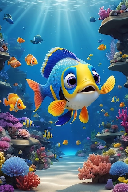 Photo poisson de dessin animé en 3d sous l'eau