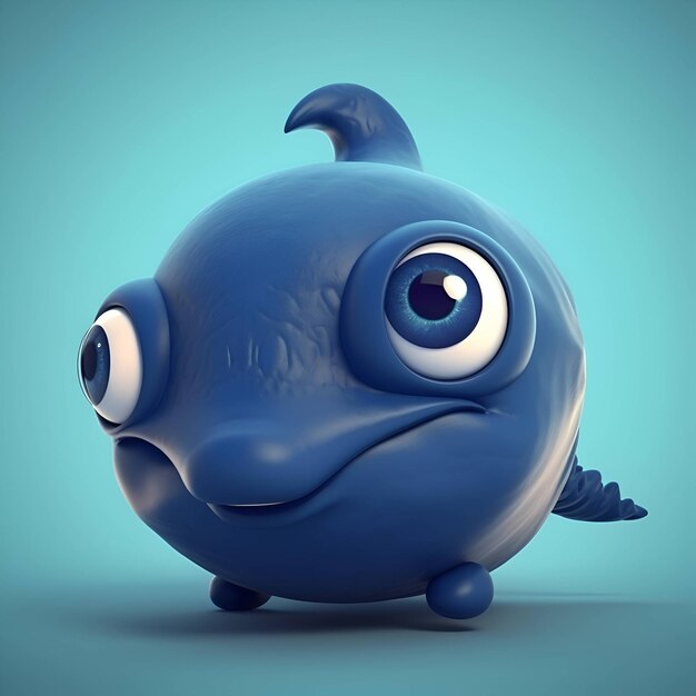 Poisson de dessin animé aux yeux bleus sur fond bleu illustration de rendu 3d