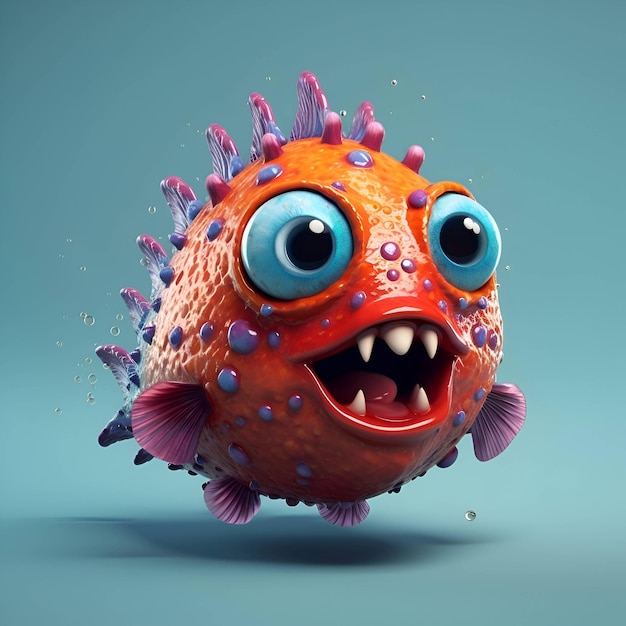 Poisson de dessin animé mignon avec de grands yeux illustration de rendu 3D