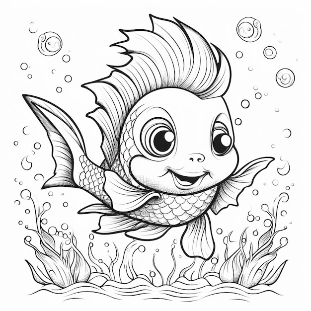Un poisson de dessin animé avec un mohawk nage dans l'eau