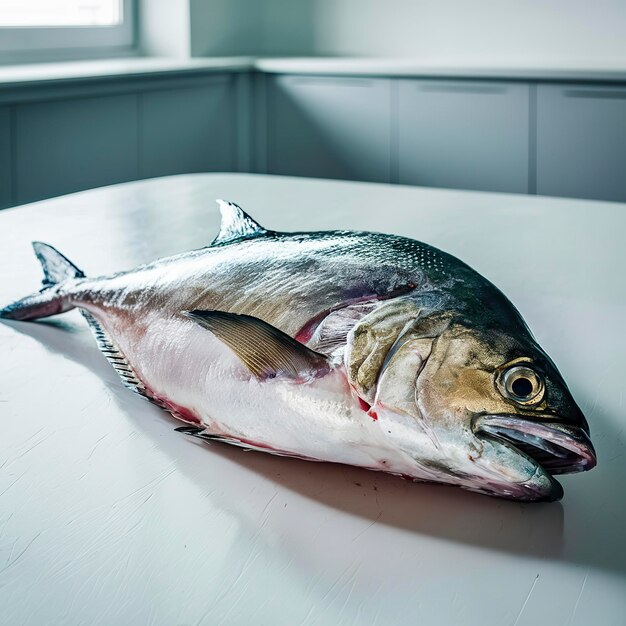 Le poisson dorado frais de mer est sur une table blanche.