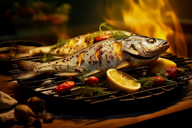 Photo poisson dorado grillé avec l'ajout d'épices, d'herbes et de citron sur la plaque de grillage
