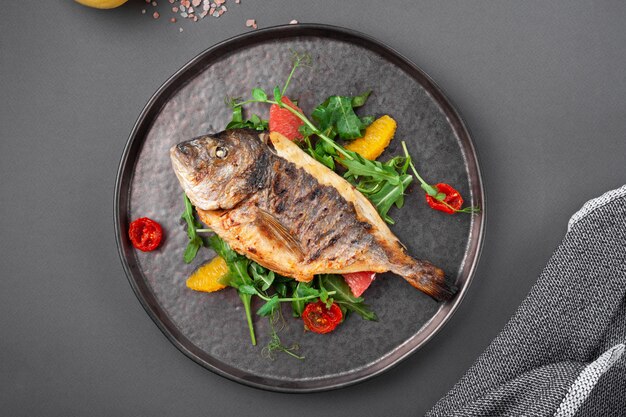 Poisson dorado grillé chaud avec tomates cerises, roquette et citron