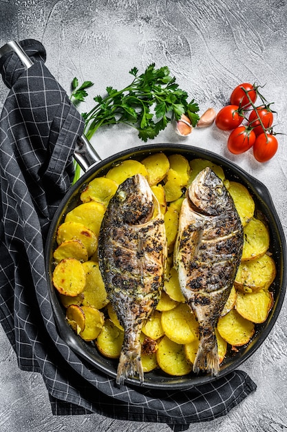 Poisson Dorado grillé avec pommes de terre dans une casserole. Fond gris. vue de dessus