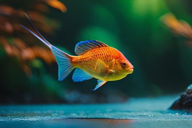 un poisson doré avec une bande bleue et une bande blanche nage dans un aquarium