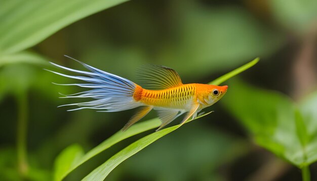 Photo un poisson doré vole dans les airs devant une plante verte