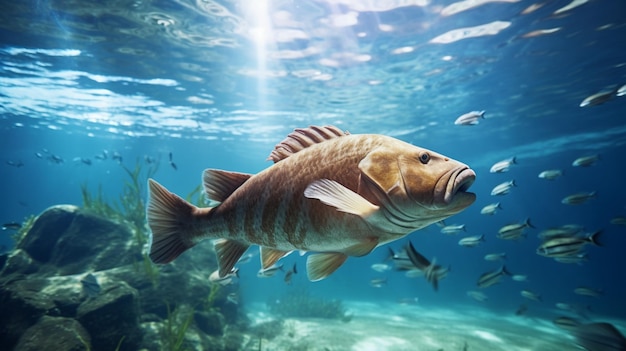 Poisson d'eau salée rouge nagant sous l'eau image générée par l'IA